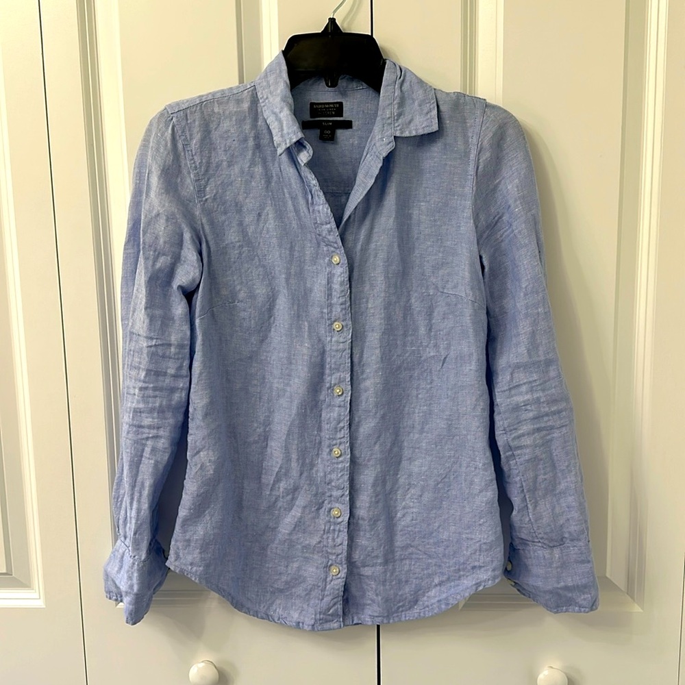 ASO Meghan Markle J. Crew Light Blue Linen Button-Down Shirt